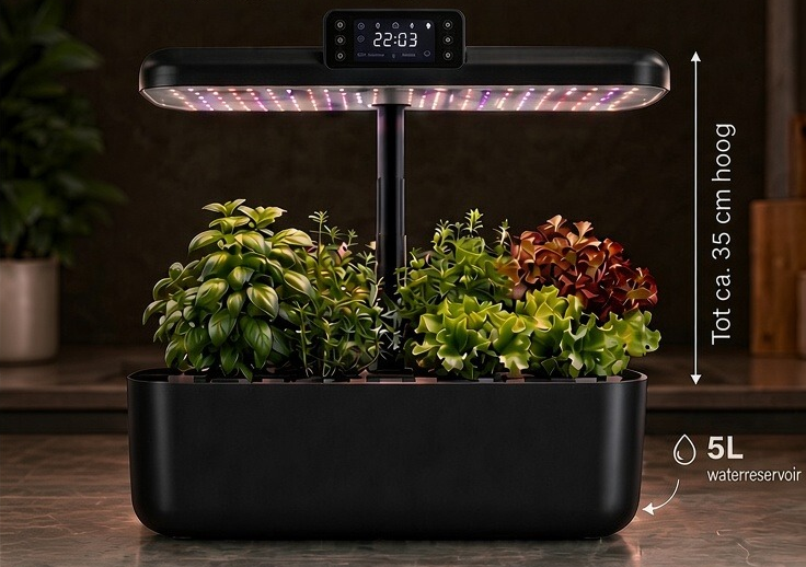 Lumigrove One kweeksysteem met kruiden en sla onder de verstelbare LED-lamp