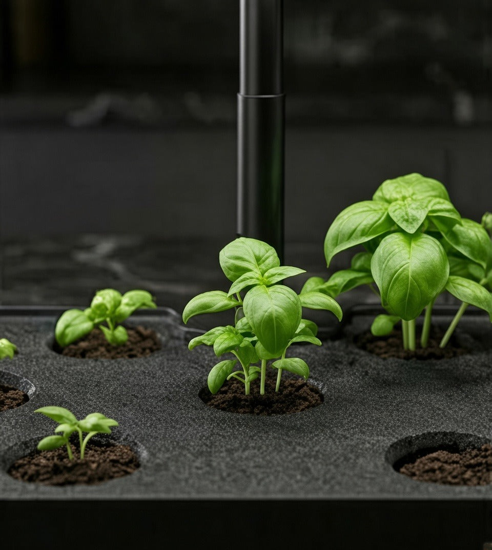 Jonge basilicumplantjes die uit de kweeksponsjes komen