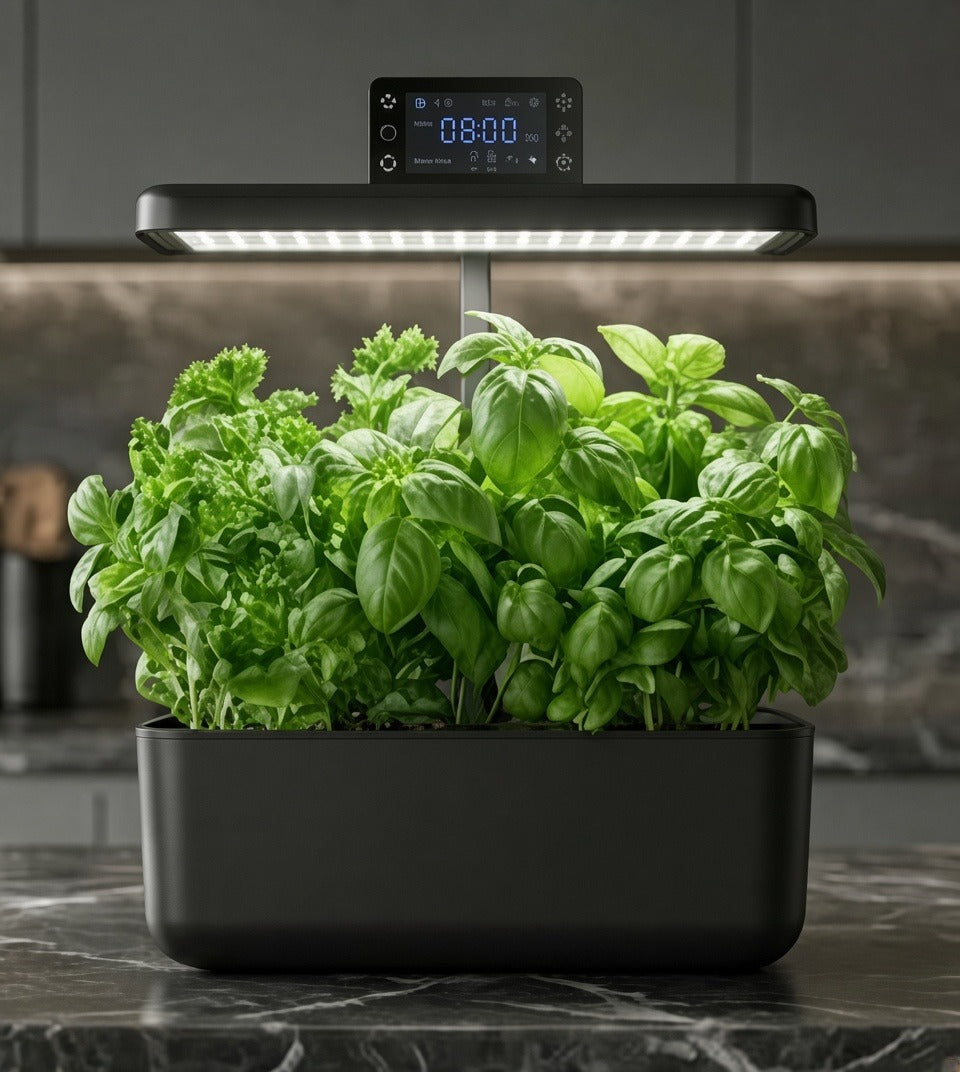 Volgroeide basilicum onder de LED-lamp