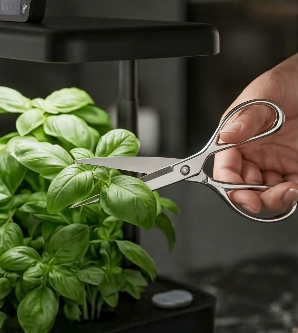 Basilicum oogsten met een schaar